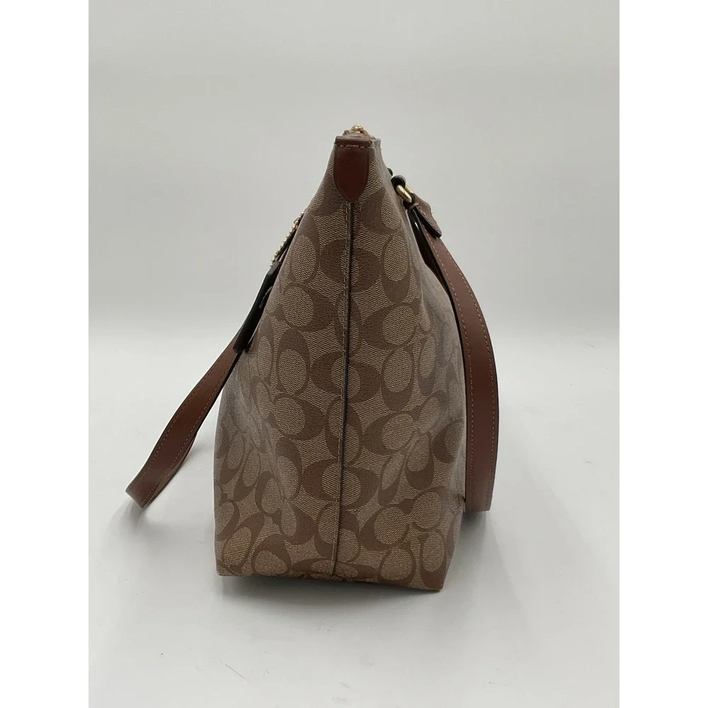 Coach Signature Zip Top Tote Bag Brown Khaki Canvas Leather Shoulder Purse